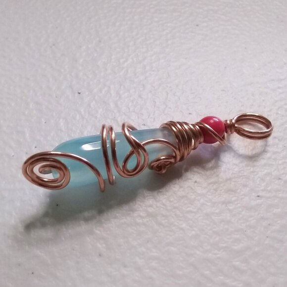 Eclectic Wire Wrapped Blue Agate Teardrop w. Pink Top Bead ~ Handmade Pendant - Picture 5 of 8